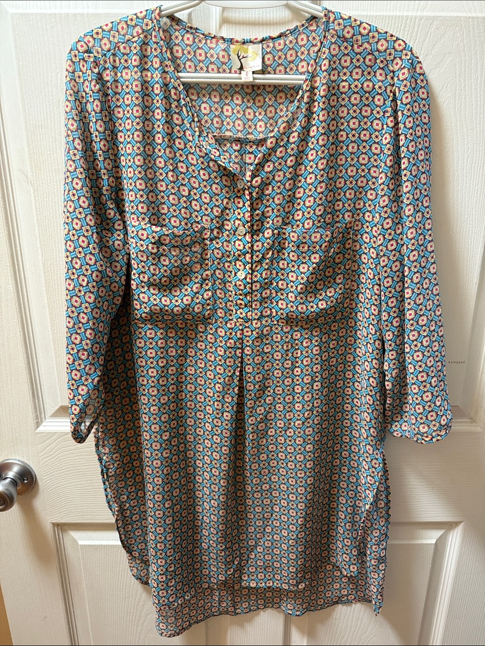Fig and Flower Teal and Peach Geometric Long Sleeve Tunic Dress